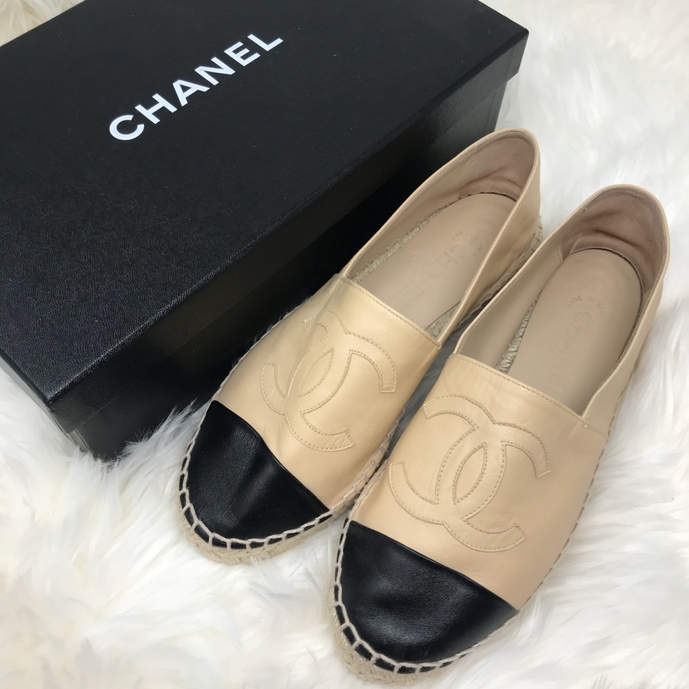 CHANEL Espadrilles Black & Tan Sz 38 Lambskin
